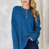 Basic Bae Full Size Ribbed Half Button Long Sleeve High-Low T-Shirt - Sky Blue