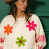 BiBi Colorful Floral Patched Sweater with Striped Sleeve - OATMEAL
