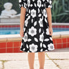 Children's Floral Print Smocked Casual Dress - Black