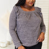 Double Take Square Neck Ruffle Shoulder Long Sleeve T-Shirt - Dark Gray