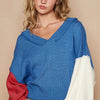 POL Exposed Seam Contrast V-Neck Lantern Sleeve Sweater - Royal Blue