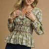 Umgee Floral Smocked Peplum Blouse with Tie Detail - MUSTARD GREEN