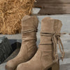 Round Toe Block Heels Boots - Khaki