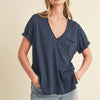 Aemi + Co Side Slit V-Neck Short Rolled Sleeve T-Shirt - Dark Navy