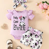 Children's Ruffled Cow Bodysuit and Shorts Set with Headband - Violet