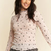 Davi & Dani Ribbon Bow Lace Hem Long Sleeve Mesh Layering Top - PINK