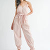 MABLE Washed Fabric Spaghetti Strap Waist Belted Jumpsuit - Pink