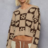 POL V-Neck Heart Pattern Checkered Sweater - MOCHA/BROWN