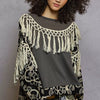 POL Contrast Floral Embroidery Balloon Sleeve Top with Tassel Trim - MOSS CHARCOAL