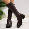 Round Toe Block Heels Boots - Dark Brown