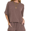 Zenana Raised Rib Short Sleeve Tee and Drawstring Shorts Set - BROWN