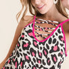 BiBi Leopard Print Caged Neck Knit Camisole - FUCHSIA