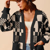 SO ME Checkered Open Front Cardigan with Pockets - BLACK/OATMEAL