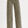 RISEN High Rise Wide Leg Leopard Printed Jeans with Contrast Waist Band Detail - COFFEE