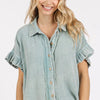Mittoshop Mineral Washed Button Down Flounce Sleeve Shirt - Faded Blue