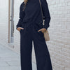 Double Take Full Size Textured Long Sleeve Top and Drawstring Pants Set - Dark Blue