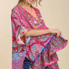 Umgee Full Size Mixed Print Ruffle Hem Open Front Cover Up Plus Size - Hot Pink