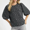 Umgee Leopard Print Jacquard Blouse with Puff Sleeves - CHARCOAL