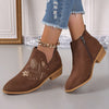 Embroidered Suede Point Toe Block Heel Boots - Brown