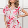 BiBi Floral Print Flutter Sheer Top - FUCHSIA/WHITE