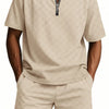 Men's Full Size Quarter Zip Short Sleeve Top and Shorts Set Plus Size - Khaki