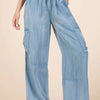 Mittoshop Washed Elastic Waist Cargo Wide Leg Pants - Lt Denim