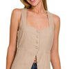 Zenana Linen Tie-back 4-button Vest with Lining - LT MOCHA