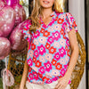 BiBi Floral Notched Ruffled Short Sleeve Blouse - Blue/Fuchsia