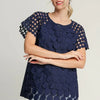 Umgee Full Size Mixed Polka Dot Lace Raglan Sleeve Boxy Cut Top Plus Size - Dark Blue