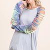 BiBi Jersey Knit Top with Tie Dye Laser Cut Sleeves - ICE GREY