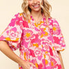 Haptics Full Size Frill Floral Puff Sleeve Blouse - Blush/Fuchsia