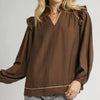 Umgee Ruffle Shoulder Long Sleeve Blouse - Brown