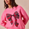 SO ME Checker Plaid Ribbon Christmas Holiday Sweater - PINK