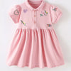 Children's Embroidered Polo Collar Short Sleeve Dress - Pink