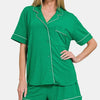 Zenana Button Down Short Sleeve Top and Shorts Lounge Set - K Green