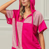 BiBi Color Block Exposed Seam Short Sleeve Hooded Top - FUCHSIA