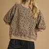 Umgee Leopard Knit Jacquard Puff Sleeve Sweatshirt - STONE