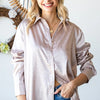 First Love Full Size Ditsy Dot Button Down Collared Satin Shirt - Sand