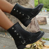 Buckle Block Heels Boots - Black