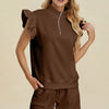Double Take Full Size Texture Flounce Sleeve Top and Shorts Set - Brown