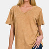 Zenana Full Size Washed Short Sleeve V-Neck T-Shirt - Camel