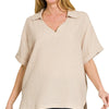 Zenana Double Gauze Short Sleeve High-Low Top - SAND BEIGE