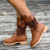 Round Toe Block Heels Boots - Brown