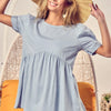 BiBi Cotton Span Knit with Puff Sleeve Baby Doll Top - LT BLUE