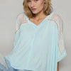 POL Oversize V-Neck Crochet Lace Contrast Studded Top - Mint Blue