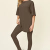 Double Take Full Size Round Neck Dropped Shoulder T-Shirt and Leggings Set - Mocha