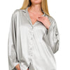 Zenana Satin Button Down Shirt - SILVER