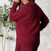 Basic Bae Full Size Ribbed Round Neck Long Sleeve Slit Top - Burgundy