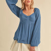 Aemi + Co Ruched Sweetheart Neck Balloon Sleeve Blouse - Peacock Blue