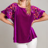 Umgee Full Size Velvet Embroidery Short Sleeve Blouse - Violet